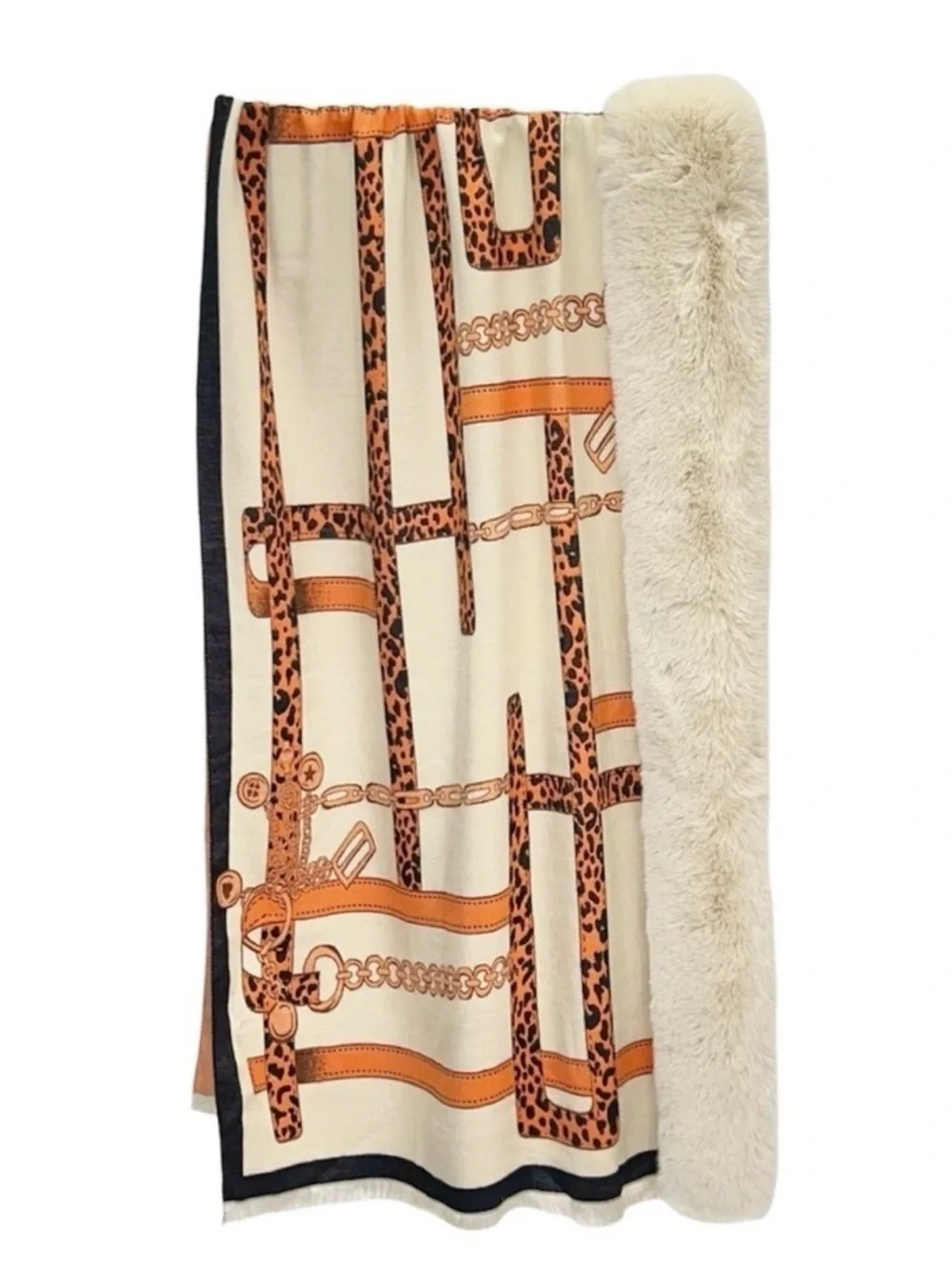 La Fiorentina Wrap with Faux Fur Trim Scarf Camel/Orange 72”x24” Leopard New NWT